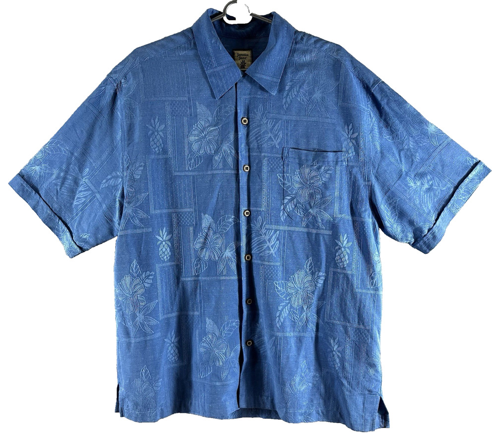 Jamaica Jaxx Men’s Blue 100% Silk Hawaiian Floral Short Sleeve Shirt, Size Large